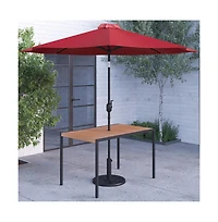 Outdoor Powder Coated Steel Dining Table With Faux Teak Poly Slat Top, 9' Patio Umbrella And Base