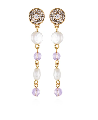 T Tahari Gold-Tone Lilac Violet Glass Stone and Imitation Pearl Long Drop Earrings