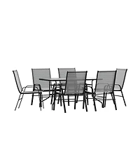 Seven Piece Patio Table Set With Metal Table With Tempered Glass Top And 6 Flex Comfort Stacking Chairs