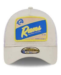 Men's New Era Khaki, White Distressed Los Angeles Rams Happy Camper A-Frame Trucker 9FORTY Snapback Hat