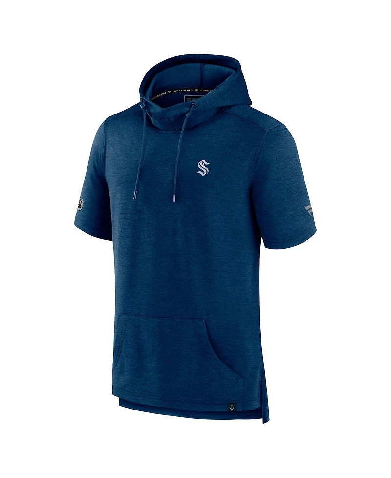 Men's Fanatics Heather Deep Sea Blue Seattle Kraken Authentic Pro Short Sleeve Pullover Hoodie