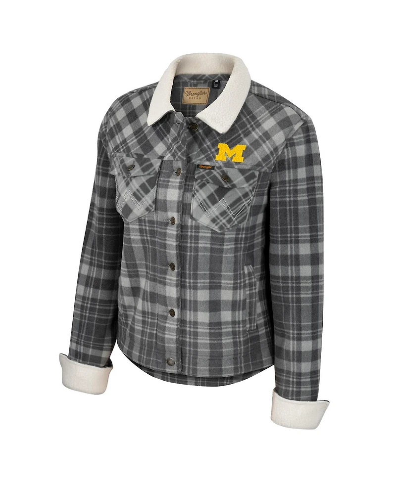 Women's Colosseum x Wrangler Charcoal Michigan Wolverines Plaid Polar Fleece Button-Up Jacket