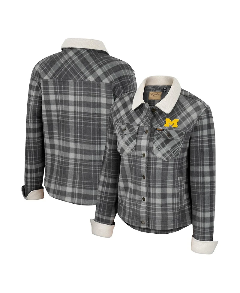 Women's Colosseum x Wrangler Charcoal Michigan Wolverines Plaid Polar Fleece Button-Up Jacket