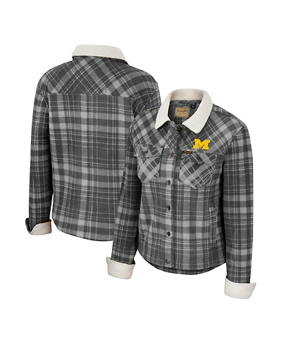 Women's Colosseum x Wrangler Charcoal Michigan Wolverines Plaid Polar Fleece Button-Up Jacket