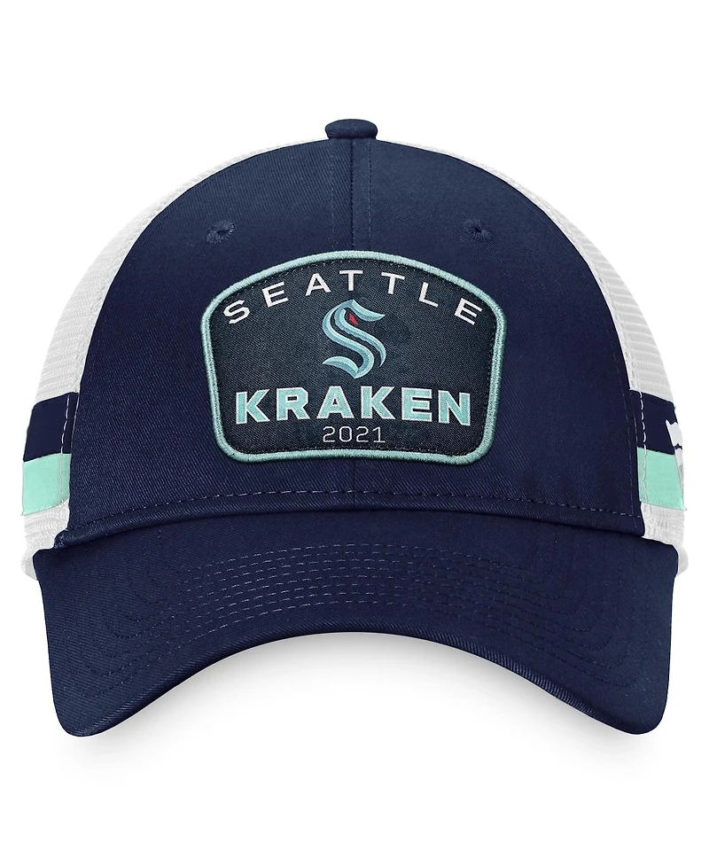 Men's Fanatics Deep Sea Blue, White Seattle Kraken Fundamental Striped Trucker Adjustable Hat