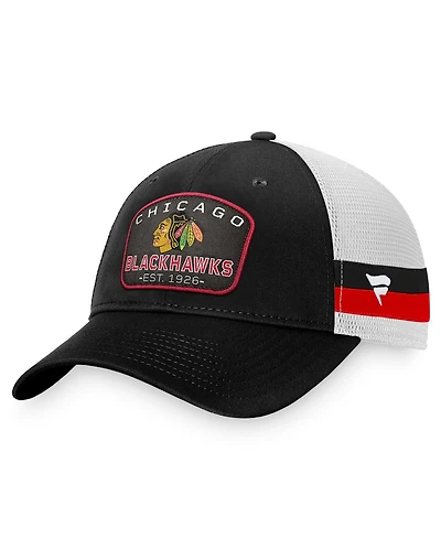 Men's Fanatics Black, White Chicago Blackhawks Fundamental Striped Trucker Adjustable Hat