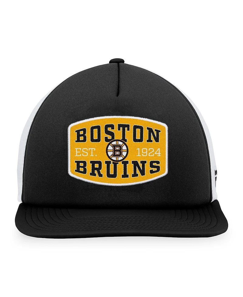 Men's Fanatics Black, White Boston Bruins Foam Front Patch Trucker Snapback Hat