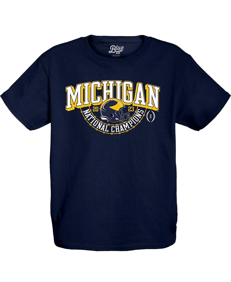 Youth Blue 84 Navy Michigan Wolverines College Football Playoff 2023 National Champions Gold Dust Schedule T-shirt