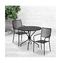 Commercial Grade 35.25" Round Metal Garden Patio Table Set, 2 Square Back Chairs