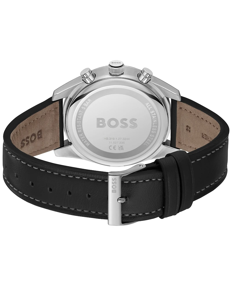 Hugo Boss Men's Skytraveller Quartz Fashion Chrono Black Leather Watch 44mm