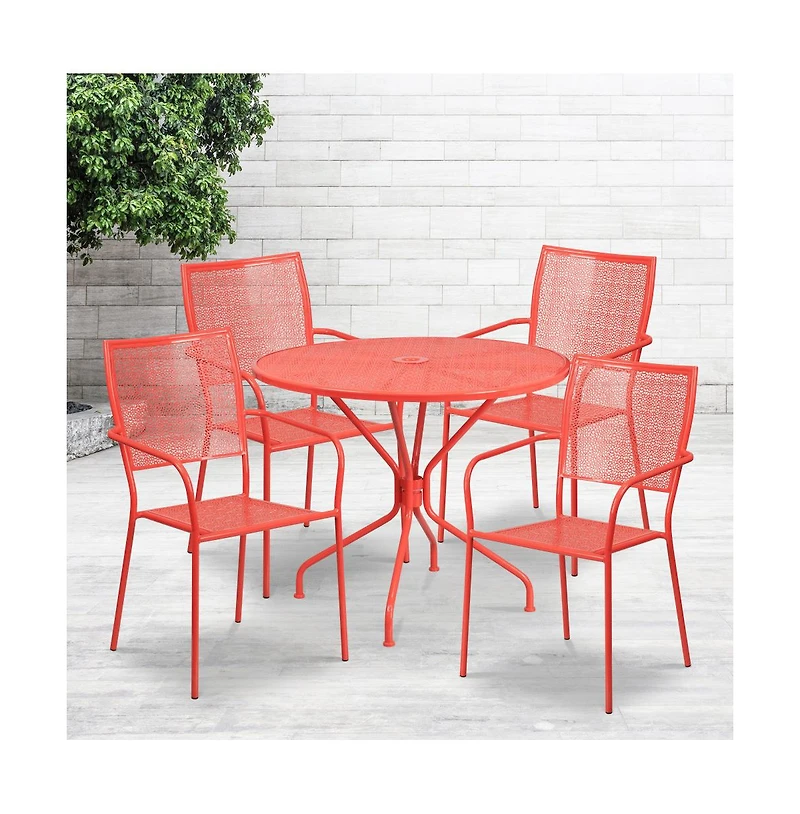 Commercial Grade 35.25" Round Metal Garden Patio Table Set, 4 Square Back Chairs