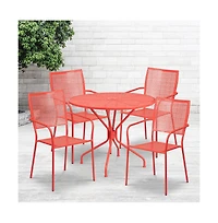 Commercial Grade 35.25" Round Metal Garden Patio Table Set, 4 Square Back Chairs