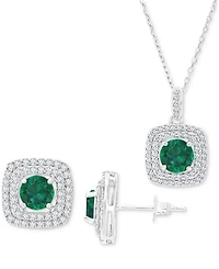 2-Pc. Set Lab-Grown Emerald (3 ct. t.w.) & Lab-Grown White Sapphire (7/8 ct. t.w.) Square Halo Pendant Necklace & Matching Stud Earrings in Sterling S