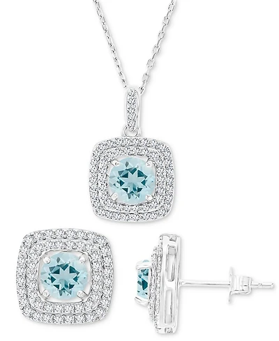 2-Pc. Set Aquamarine (3-1/10 ct. t.w.) & Lab-Grown White Sapphire (7/8 ct. t.w.) Square Halo Pendant Necklace & Matching Stud Earrings in Sterling Sil