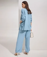 Dkny Womens One Button Long Sleeve Jacket Zip Front Puff Sleeve Blouse Chambray Wide Leg Pants