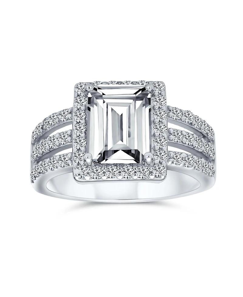 Bling Jewelry Art Deco Style 3CT Rectangle Cz Emerald Cut Halo Promise Ring Wide Band .925 Sterling Silver