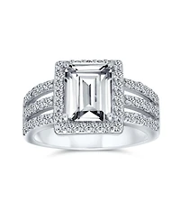 Bling Jewelry Art Deco Style 3CT Rectangle Cz Emerald Cut Halo Promise Ring Wide Band .925 Sterling Silver