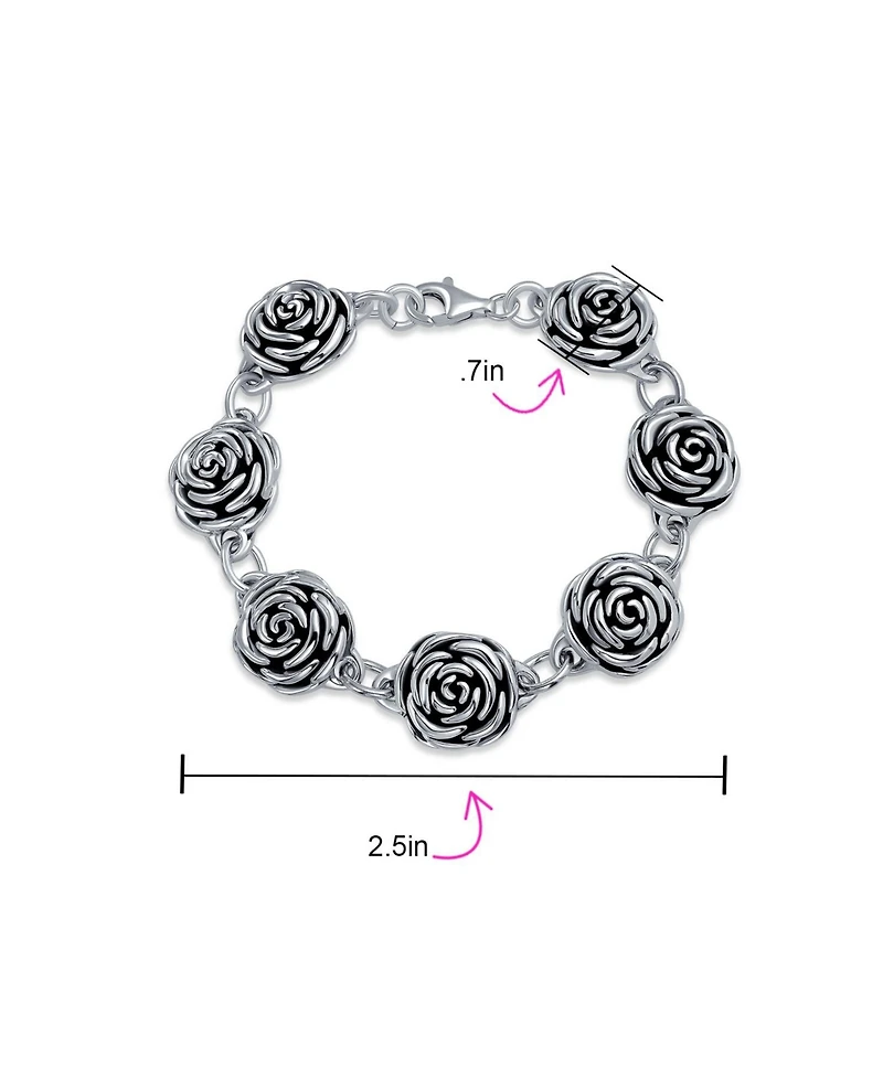 Bling Jewelry Finish Large Statement 3D Garden Flower Black Rose Bracelet Oxidized Sterling Silver 7.5 Inch