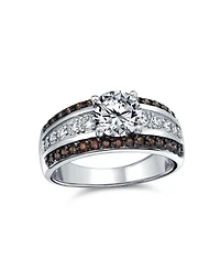 Bling Jewelry 3CTW Cz Two Tone Chocolate Brown Color Clear Round Solitaire Promise Ring 3 Row Wide Pave Band Silver Plated