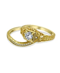 Bling Jewelry Deco Style Milgrain 1CTW Cubic Zirconia Promise Ring Set Sterling Silver