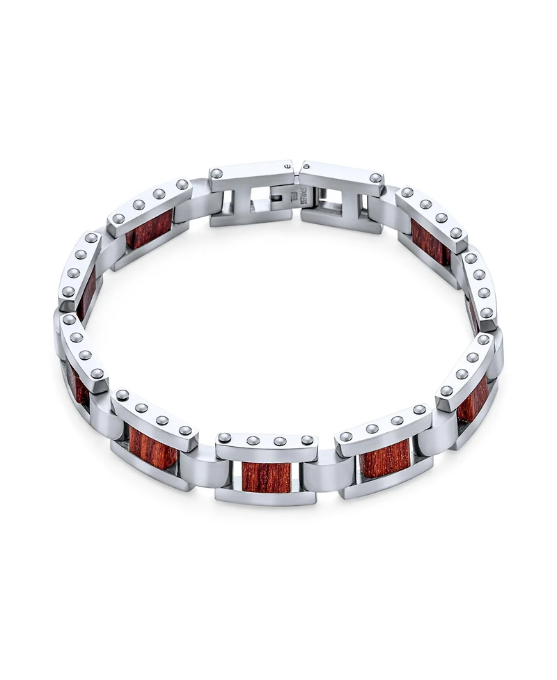 Bling Jewelry Brown Wood and Stainless Steel Bracelet with Strong Rectangle Link 8 Inch Length