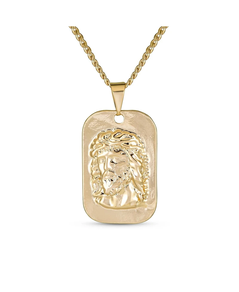 Bling Jewelry Religious Metal Dog tog Style Medallion Face of Jesus Christ Head Necklace Pendant Yellow Gold Plated