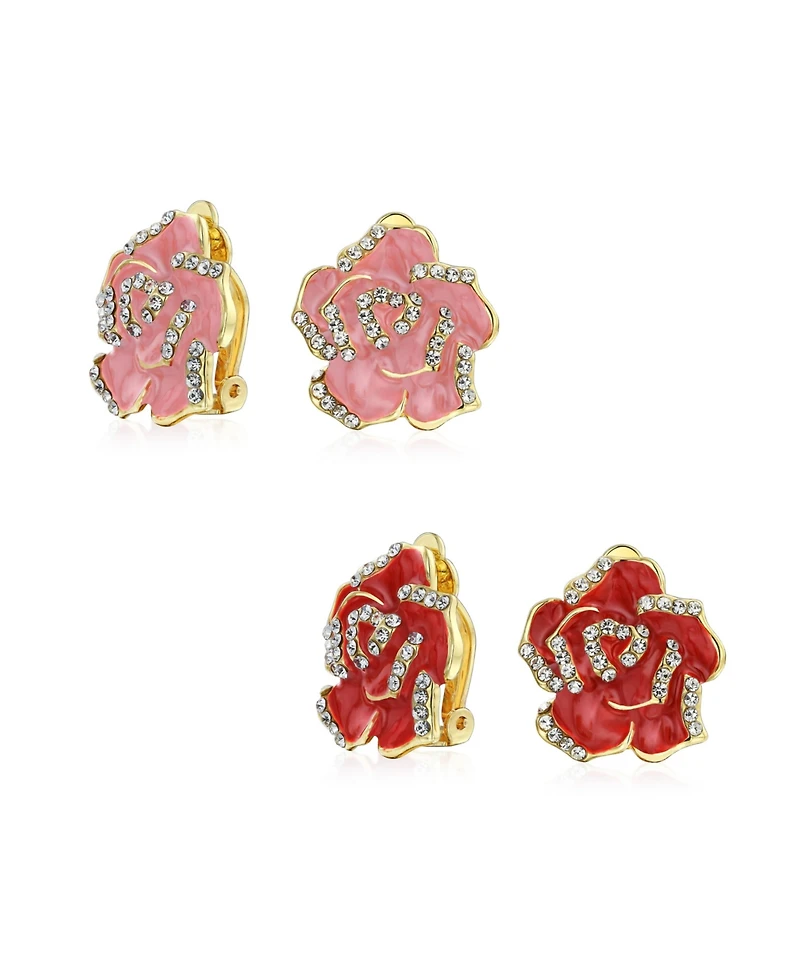 Bling Jewelry Set of 2 Pink Red Enamel Flower Crystal Edge Clip-On Earrings Gold Plated
