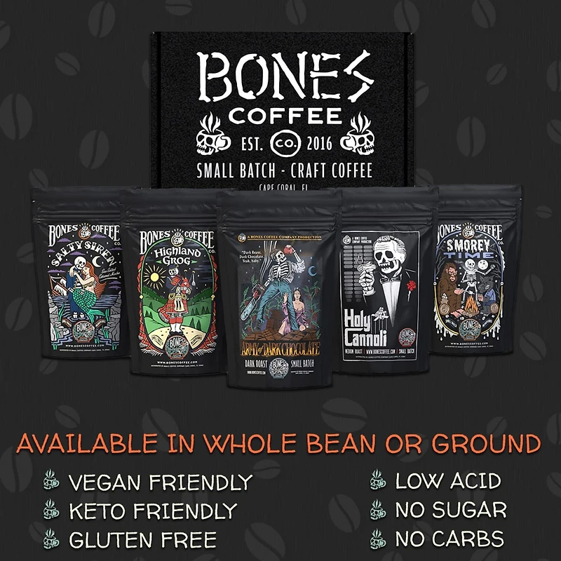 Bones Coffee Company New Flavors! Favorite Flavors Sample Pack | 4 oz Pack of 5 Assorted Ground Coffee Beans | Low Acid Medium Roast Gourmet Coffee Be