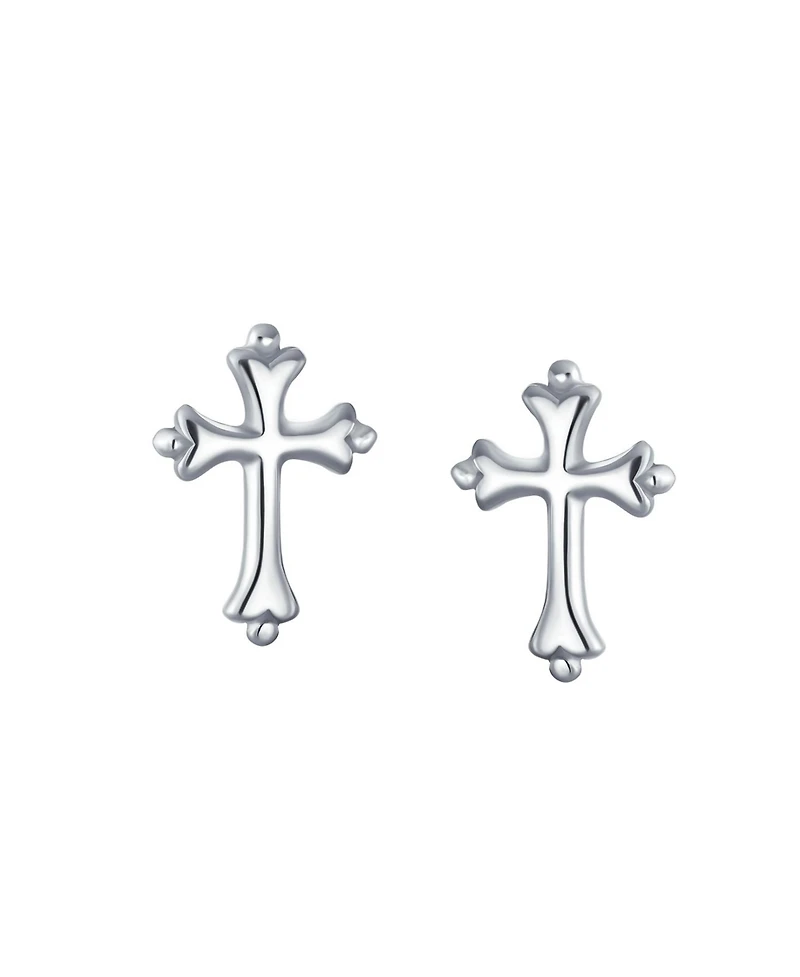 Bling Jewelry Delicate Simple Fleur De Lis Cross Stud Earrings: Minimalist Religious Jewelry Communion Gift Sterling Silver