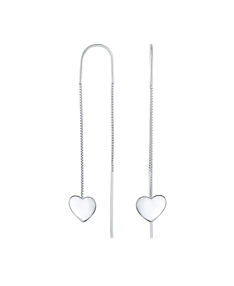 Bling Jewelry Simple Lightweight Long Flat Heart Chain Threader Earrings Sterling Silver Stabilizing U Hook