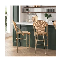 Celia Set Of Two Indoor/Outdoor Stacking Bistro Counter Stools With White And Gray Patterned Seats Backs & Bamboo Finished Metal Frames