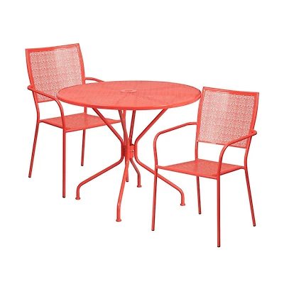 Commercial Grade 35.25" Round Metal Garden Patio Table Set, 2 Square Back Chairs