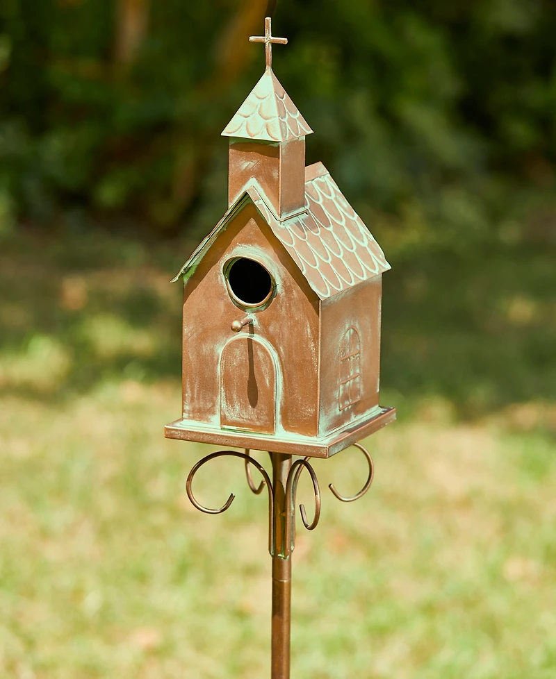 Glitzhome 53"H Farmhouse Faux Copper Distressed Metal Church Outdoor Decorative Garden Birdhouse with Stake