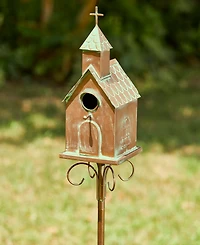 Glitzhome 53"H Farmhouse Faux Copper Distressed Metal Church Outdoor Decorative Garden Birdhouse with Stake