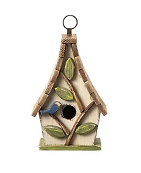 Glitzhome 9.5" H Washed White Distressed Solid Wood Decorative Outdoor Garden Birdhouse with Natural Wood Pallet Roof and 3D Tree