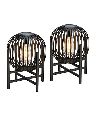 Glitzhome 11.50" H Set of 2 Black Metal Stripes Solar Powered Edison Bulb Outdoor Lantern with Stand
