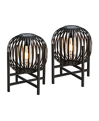 Glitzhome 11.50" H Set of 2 Black Metal Stripes Solar Powered Edison Bulb Outdoor Lantern with Stand