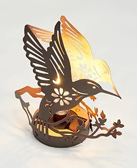 Glitzhome 9.75" H Set of 2 Black and Gold-Tone Metal Cutout Flying Hummingbird Silhouette Solar Powered Edison Bulb Outdoor Lantern