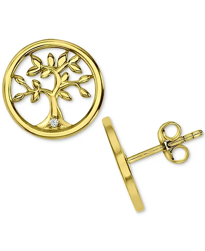 Cubic Zirconia Tree Disc Openwork Stud Earrings in 14k Gold-Plated Sterling Silver