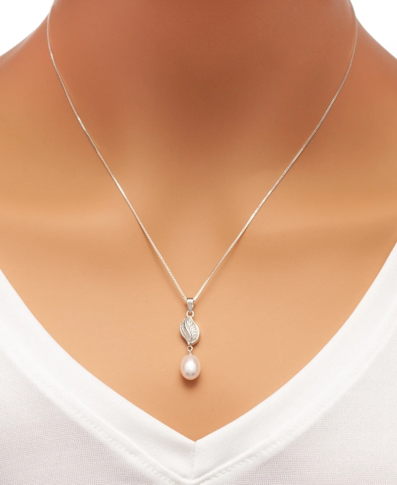 Cultured Freshwater Pearl (7x9mm) and Cubic Zirconia Pendant Necklace and Matching Drop Earrings Set in Sterling Silver
