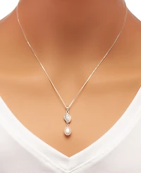 Cultured Freshwater Pearl (7x9mm) and Cubic Zirconia Pendant Necklace and Matching Drop Earrings Set in Sterling Silver