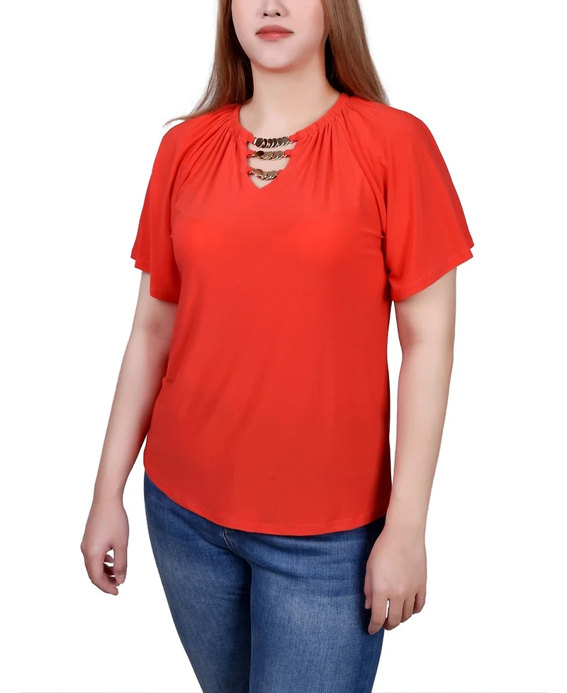 Ny Collection Petite Raglan Sleeve Top with Chain Details