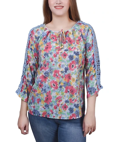 Ny Collection Petite 3/4 Sleeve Tunic with Crochet and Tie Neck