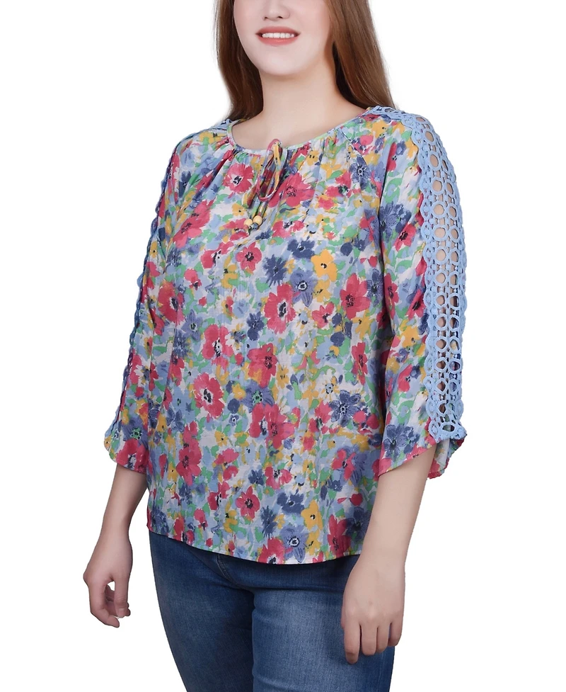 Ny Collection Petite 3/4 Sleeve Tunic with Crochet and Tie Neck