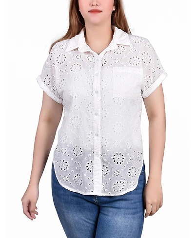 Ny Collection Petite Short Sleeve Eyelet Knit Back Blouse