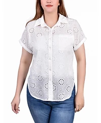 Ny Collection Petite Short Sleeve Eyelet Knit Back Blouse