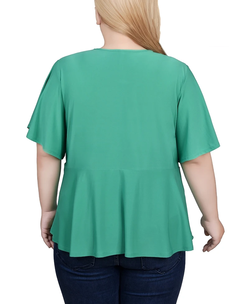 Ny Collection Plus Size Flutter Sleeve Flower-Detail Top