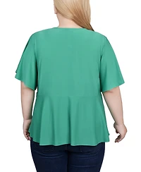 Ny Collection Plus Size Flutter Sleeve Flower-Detail Top