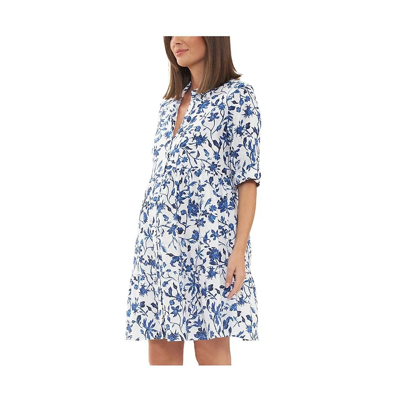 Ripe Maternity Bella Button Through Linen Dress White/Lapis
