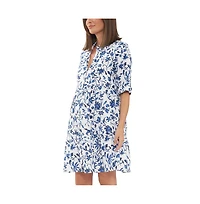 Ripe Maternity Bella Button Through Linen Dress White/Lapis